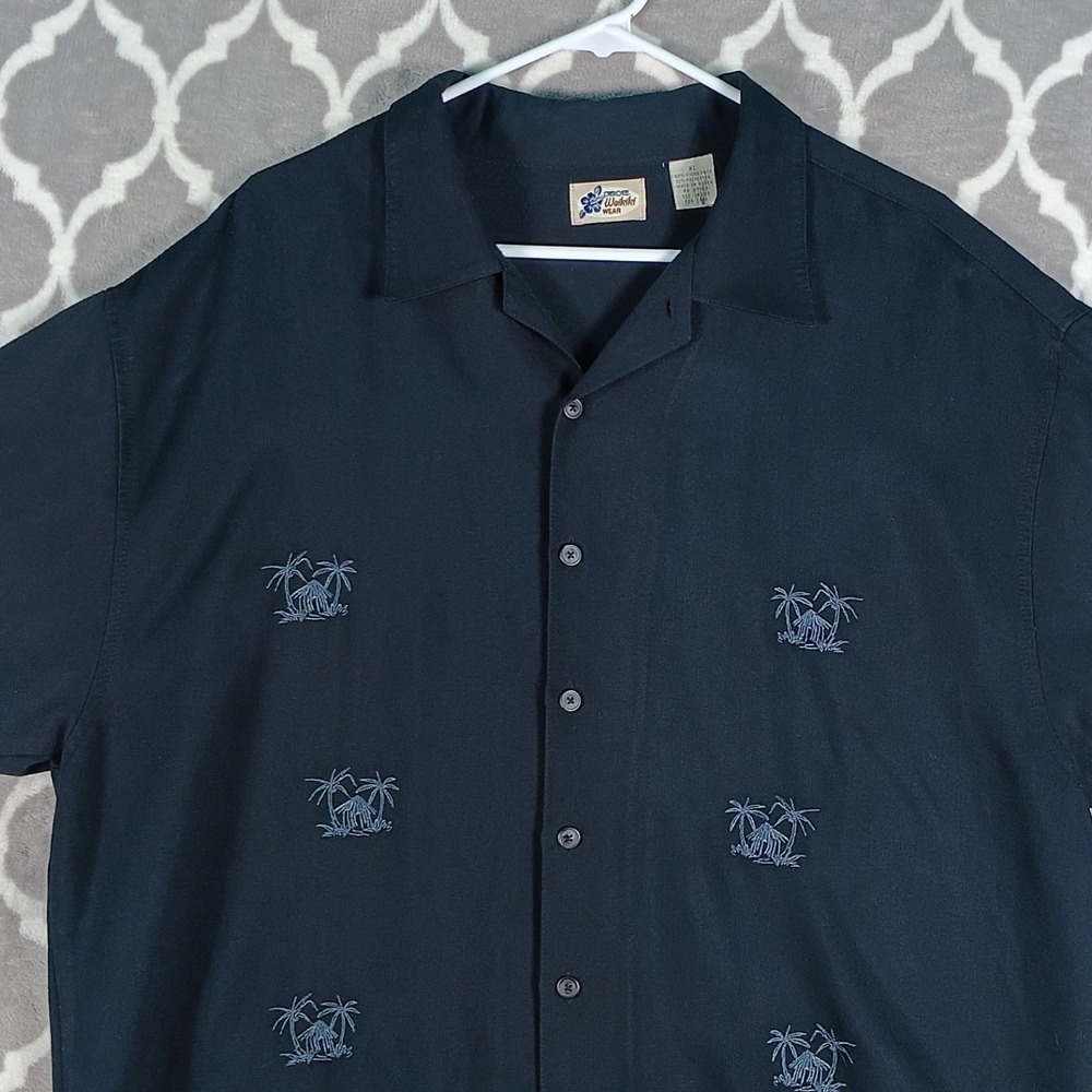 Cherokee Waikiki Wear Shirt Men XL Black Grey Tiki Hut Palm Tree Embroidered Vtg